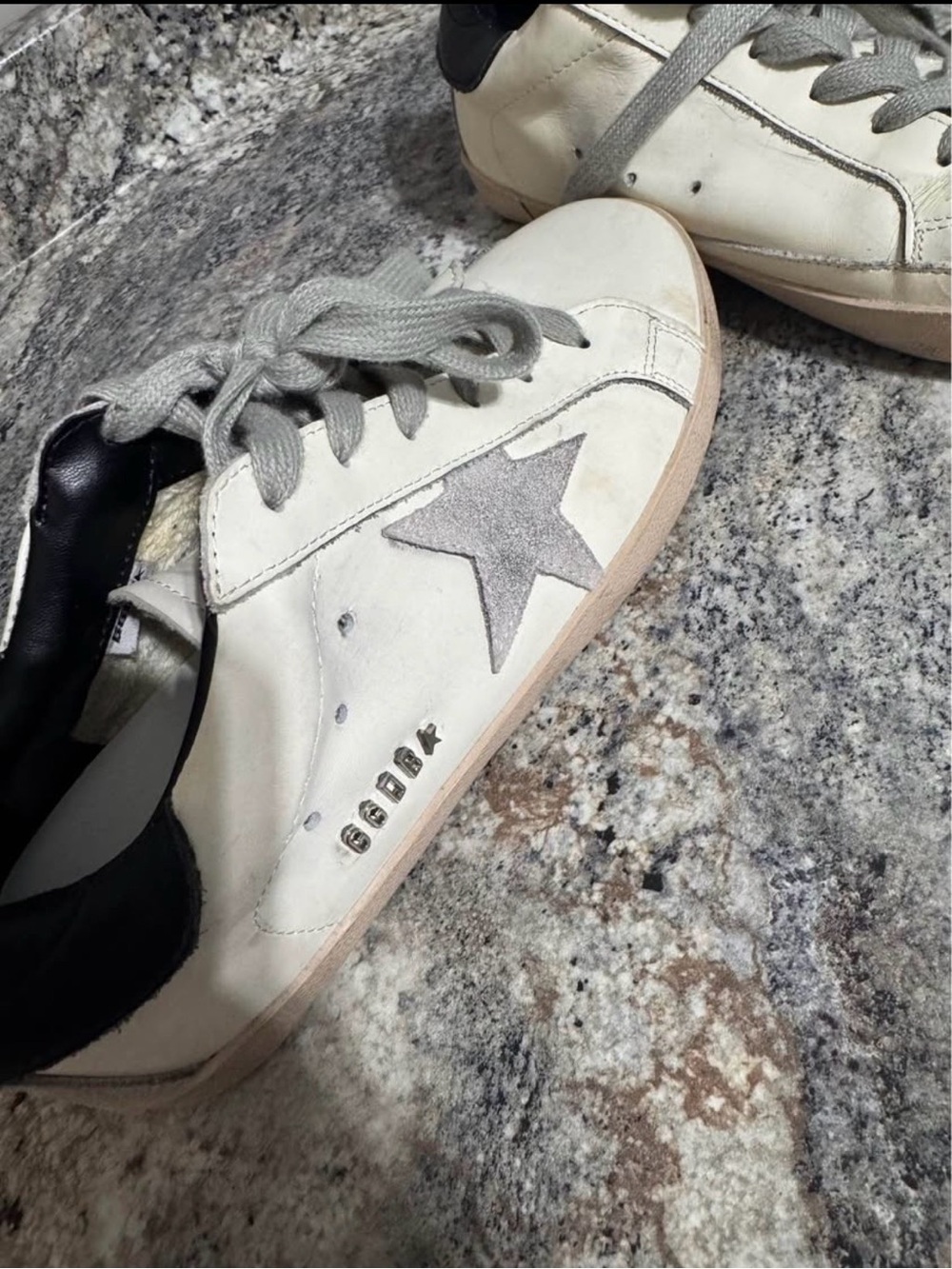 Women’s Golden Goose White Leather Sneakers with Gray Star and Black Heel